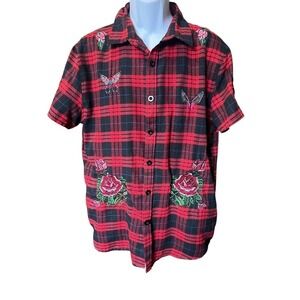 Damati Red Plaid Embroidered Flannel‎ Short Sleeve Button Down Shirt Men's Large